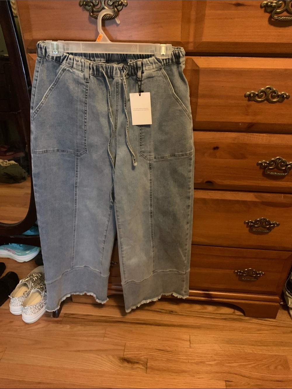 Light Wash Denim Drawstring Wide Crop Pants